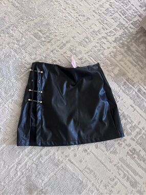 Black Faux Leather Mini Skirt with Side Ring Detail